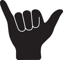 The silhouette of a hand with the thumb and pinky extended and the other fingers curled, held like a phone vector silhouette art on white background