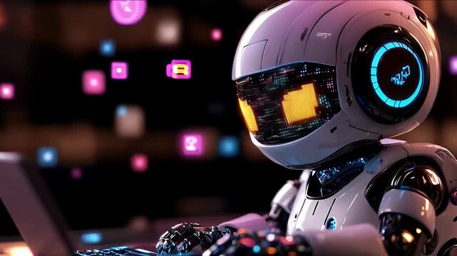 AI robot typing on a laptop 