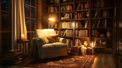 A charming corner with a comfortable armchair, warm-toned lighting, and a bookshelf filled with classic novels. Great for book lovers and cozy home inspiration.