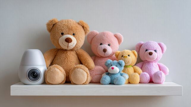 Ethical Concepts of Social Media and Privacy. A collection of colorful teddy bears in various sizes neatly arranged on a white floating shelf next to a modern white camera.