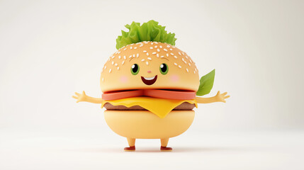 Cheerful animated cheeseburger character with lettuce and cheese arms