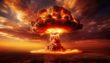 glowing nuclear explosion mushroom cloud at sunset with fiery plasma burst and ash plume over barren battlefield under dramatic red and orange stormy sky

