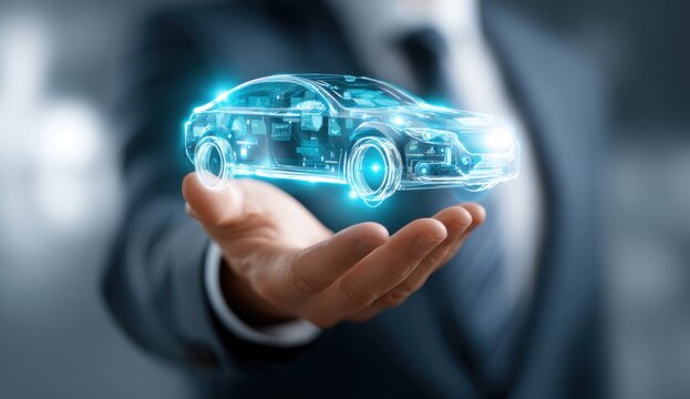 Innovative Automotive Technology: A Transparent Car Model Hovers in a Businessperson's Hand, Representing the Future of Transportation.