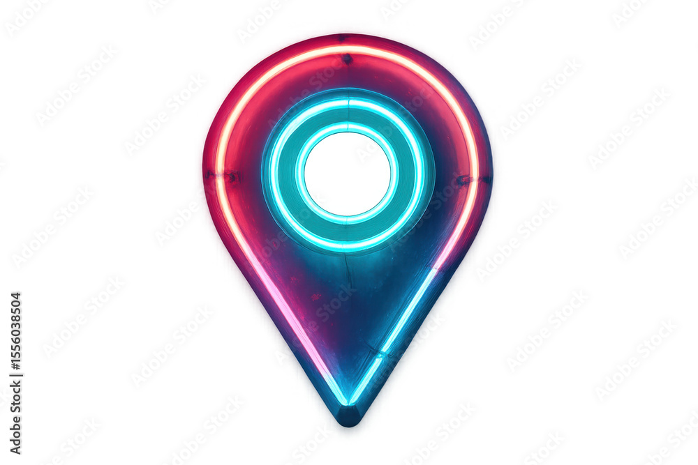 Poster glowing neon location pin symbolizing global positioning and navigation with transparent background