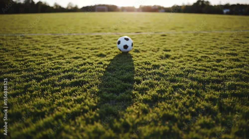 Poster classic leather soccer ball rests on a vibrant green field, casting a long shadow under the warm glo