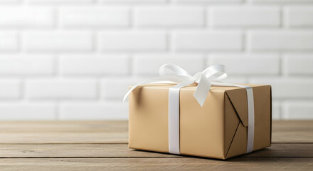 Gift box sits on wooden table against brick wall, presents a wrapped package, present