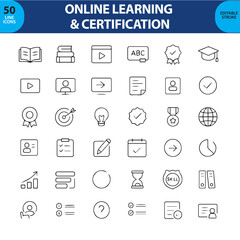 Online Learning and Certification Line Icons, Laptop, Diploma, Course Module, Graduation Cap, Badge, Webinar, Quiz, and More , Editable Formats: AI, EPS, JPG, PNG , Ideal for Both Digital and Print Us