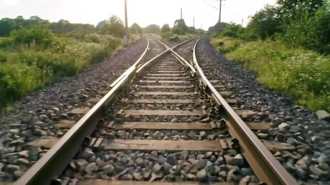 Railroad tracks converge and intersect, leading into the distance surrounded by green vegetation.
