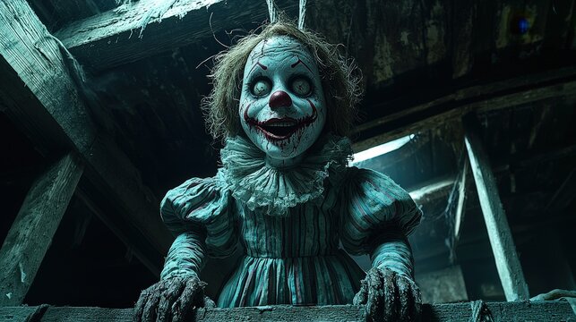 Eerie clown in abandoned attic: spooky atmosphere with vintage costume and haunting expression