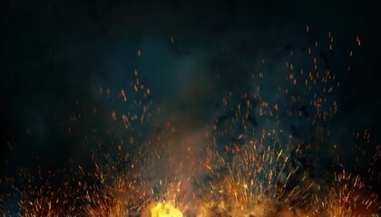 glowing battlefield explosion with rising embers and dense smoke in dark night sky, intense warfire backdrop for dramatic poster, video game scene, cinematic visual, or conflict-
 themed design

