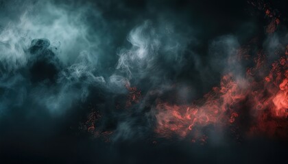 ominous dark war cloud with red embers and blue smoke swirling in chaos, symbolizing battlefield destruction, fiery aftermath, and storm of conflict in abstract motion

