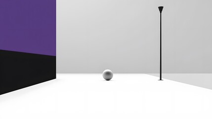 Minimalist Golf Ball Scene,  White Room, Purple Wall, Lamp