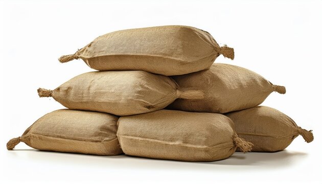 stack of vintage brown burlap sandbag with rope ties isolated on white background for flood barrier, military bunker, or rustic texture design and branding

