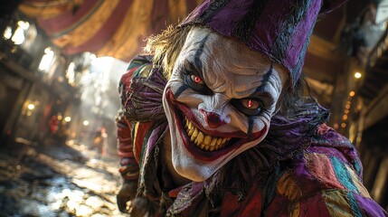Eerie circus clown with menacing smile inside dimly lit tent