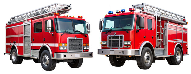 Red Emergency Fire Truck with Ladder Front View, isolated on transparent background PNG