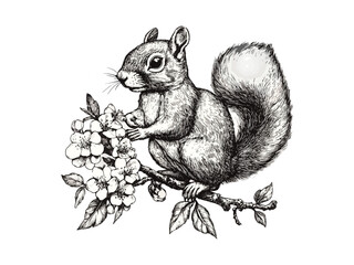 Vintage spring squirrel engraving on blooming branch, seasonal forest scene, hand-drawn sketch style, trendy black decor, old engraving, rustic wildlife art, nature illustration