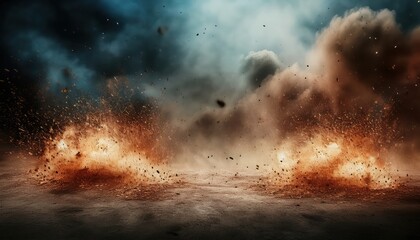 intense battlefield explosion impact with rising debris, dense smoke clouds, and fiery dust bursts on cracked ground for dramatic design or war themed composition

