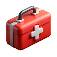 High-quality 3D illustration of a modern, stylized first aid kit isolated on transparent background. Rendered red box with white cross and handle on top, slightly angled.