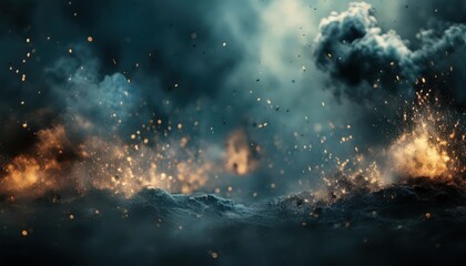 intense ground level explosion impact with flying embers, dense blue smoke, and glowing particles in dramatic dark atmosphere for cinematic design or conflict concept

