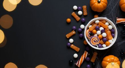Festive halloween candy assortment with pumpkins and decorations on dark surface