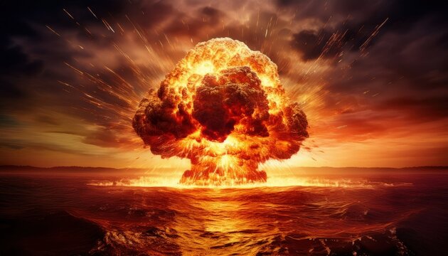 colossal nuclear explosion over ocean at sunset with fiery mushroom cloud and shockwave splash for dystopian web design, sci-fi poster, or concept branding


