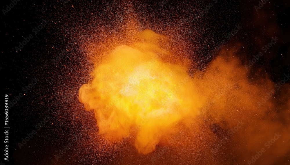 Aufkleber fiery explosion blast cloud in high resolution with glowing orange sparks and shockwave particles on black background for war poster, action film, or danger concept design

