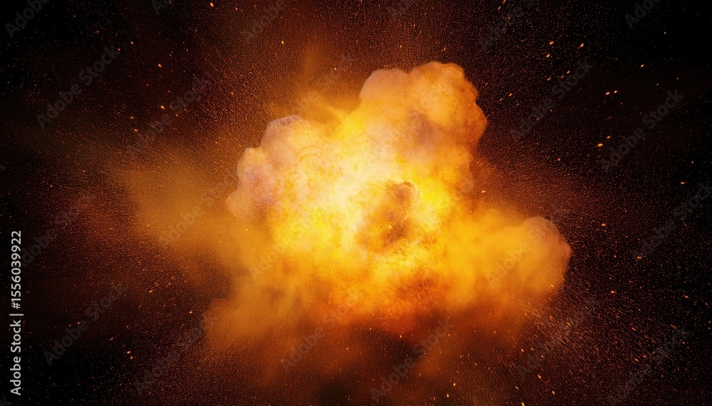Poster fiery explosion blast cloud in high resolution with glowing orange sparks and shockwave particles on black background for war poster, action film, or danger concept design

