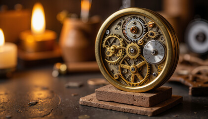 Obraz premium Antique clock mechanism displayed on a wooden base in Victorian workshop by candlelight 