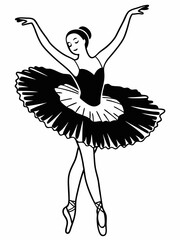 Elegant Ballerina in Classic Tutu Black and White Line Art Illustration