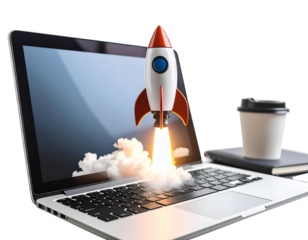 Rocket Launching from Laptop Keyboard on Office Desk, isolated on transparent background PNG