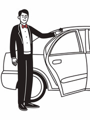 Elegant Man in Tuxedo Opening Car Door Luxury Transportation Illustration