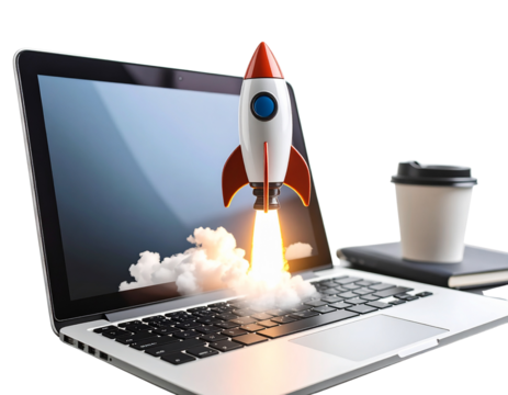 Rocket Launching from Laptop Keyboard on Office Desk, isolated on transparent background PNG
