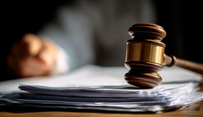 Justice's Gavel Hangs Precariously Over a Stack of Legal Documents