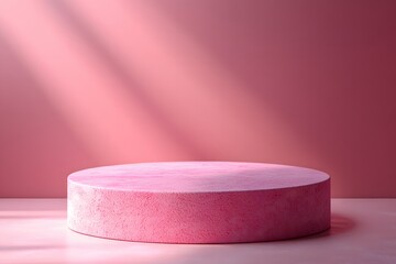 Pink cylindrical podium with textured surface against a pink bac