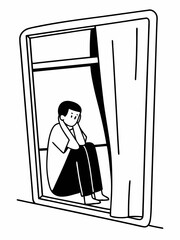 Solitary Figure Contemplating from Train Window A Black and White Illustration