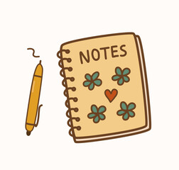 A charming vector illustration of a notepad with a pen, featuring a cute floral design. Ideal for stationery, journaling, educational content, and creative projects.