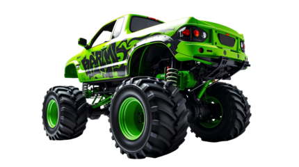 Photo of green monster truck isolated on transparent background