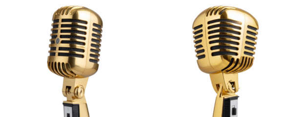 Shiny Gold Microphone with Stage Lights for Karaoke Performance, isolated on transparent background PNG