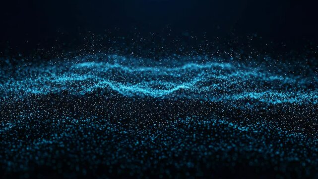 A digital stream of fine neon particles in shades of blue