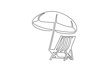 Continuous one line drawing of Beach chair lounger with umbrella. Single line drawing illustration of Beach umbrella and chair. Summer vacation by the sea concept vector art. Doodle line illustration.
