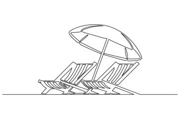 Continuous one line drawing of Beach chair lounger with umbrella. Single line drawing illustration of Beach umbrella and chair. Summer vacation by the sea concept vector art. Doodle line illustration.