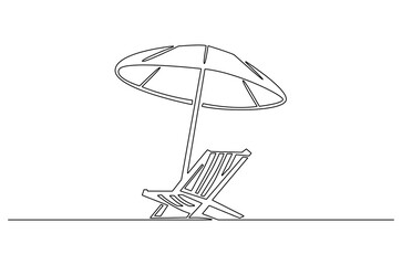 Continuous one line drawing of Beach chair lounger with umbrella. Single line drawing illustration of Beach umbrella and chair. Summer vacation by the sea concept vector art. Doodle line illustration.