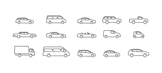 Car Body Types Outline Icon Set – Vector Collection of Vehicle Silhouettes