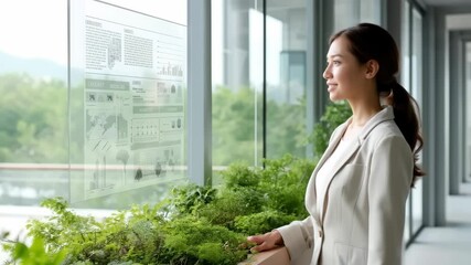 A professional woman engaging with a digital display in a green office, showcasing modern technology and sustainable design.