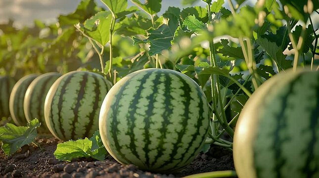Sunlit Watermelon Field featuring Rows of Fruit Plants and Dark Brown Soil under Sky