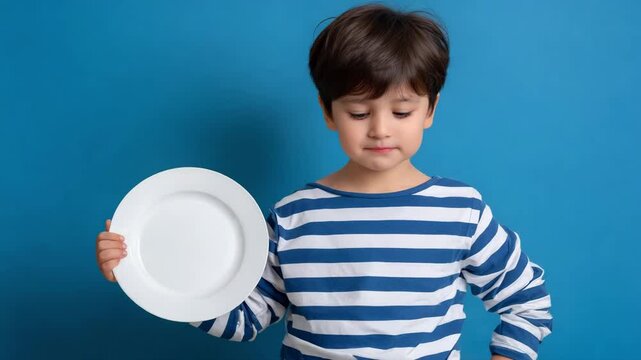 Boy and child holding empty white plate with surprised and happy expressions on blue background