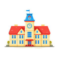 Cartoon illustration showcasing a charming school building with clock tower design
