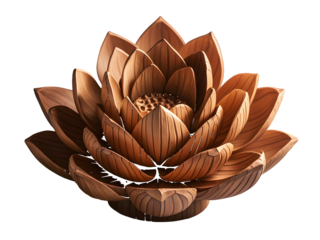 Intricate Wooden Lotus Sculpture Brown Detailed Carving 8k Ultra H D Image isolated on a transparent background
