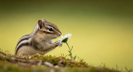 Obraz premium Adorable chipmunk enjoys a delicate white daisy on a mossy bank