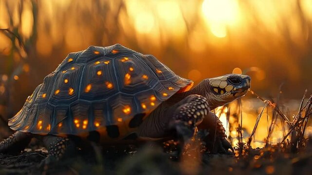 indian star tortoise close-up at chambal sunset video